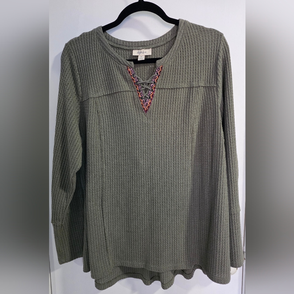 Style & Co Vneck Long Sleeve Waffle Top, Green, Size 2X